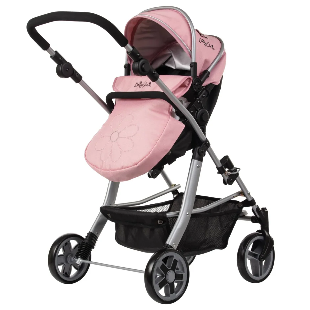 Daisy-Chain-Connect-5-in-1-Dolls-Pram Pink and Black. Black cot with pink hood and silver frame with Daisy rosette on hood
