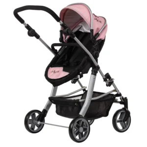 Daisy Chain Connect Dolls Pram in Classic Pink fabric. Shown in pushchair mode shown on a side angle with the handle to the left side. Hood is up and is pink with accents of Silver metal with a black and pink flower rosette and an with an embroidered Daisy Chain logo in silver. Wheels are black and Silver with a shopping basket at bottom of pushchair which is black. The frame of the pushchair is silver.