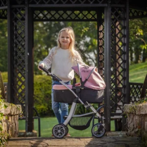Daisy-Chain-Connect-5-in-1-Dolls-Pram in Classic Pink. Black cot, pink hood and silver frame with a daisy rosette on the hood