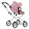 Daisy Chain Destiny Travel System Pram in Classic Pink fabric shown on an angle in pushchair mode with handle on the left. Hood is up and is pink with accents of Silver metal with a black and pink flower rosette and an with an embroidered Daisy Chain logo in Black. Wheels are black and Silver with a shopping basket at bottom of pushchair which is Silver, like the frame. The frame of the pushchair is silver.