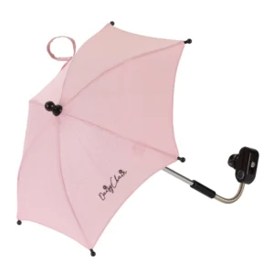Daisy Chain Dolls Pram Accessory Pack in Classic Pink fabric. Photo Shows a Pink parasol with a silver and black handle and an embroidered Daisy Chain logo in Black.