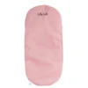 Daisy Chain Dolls Pram Accessory Pack in Classic Pink fabric. Photo shows a close up of the pink mattress with an embroidered Daisy Chain logo in black