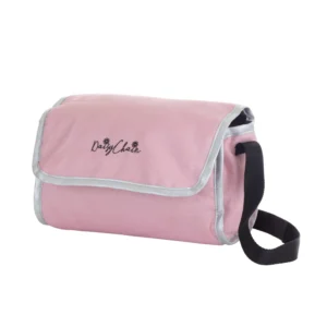 Daisy Chain Dolls Pram Accessory Pack in Classic Pink fabric. Photo Shows a changing bag with a black shoulder strap and an embroidered Daisy Chain logo in black.