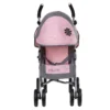 Daisy Chain Little Zipp Dolls Pushchair in Classic Pink fabric shown head on with the handles at the back. Hood is down and is pink at the front with accents of grey fabric with a black and pink flower rosette.