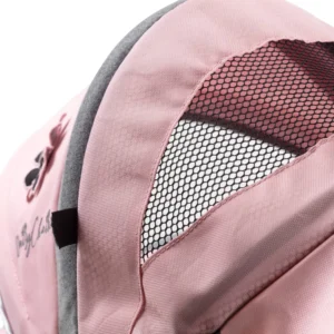 Daisy Chain Little Zipp Dolls Pushchair in Classic Pink fabric - Close up of hood showing the mesh in the hood so you can see the doll in the seat whilst pushing the pushchair.