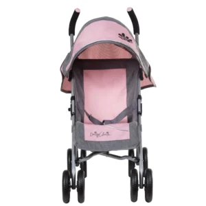 Daisy Chain Little Zipp Dolls Pushchair in Classic Pink fabric shown head on with the handles at the back. Hood is up and is pink at the front with accents of grey fabric with a black and pink flower rosette.