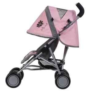 Daisy Chain Little Zipp Dolls Pushchair in Classic Pink fabric shown side on with the handles on the right side. Hood is down and is pink at the front with accents of grey fabric with a black and pink flower rosette. Wheels are black and Silver with a shopping basket at bottom of pushchair which is black. The frame of the pushchair is silver.