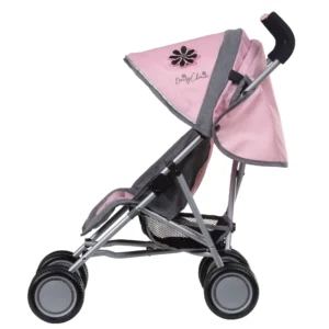 Daisy Chain Little Zipp Dolls Pushchair in Classic Pink fabric shown side on with the handles on the right side. Hood is down and is pink at the front with accents of grey fabric with a black and pink flower rosette. Wheels are black and Silver with a shopping basket at bottom of pushchair which is black. The frame of the pushchair is silver.