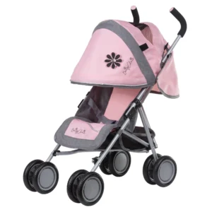 Daisy Chain Little Zipp Dolls Pushchair in Classic Pink fabric shown on an angle with the handles on the right side. Hood is down and is pink at the front with accents of grey fabric with a black and pink flower rosette and an with an embroidered Daisy Chain logo in silver. Wheels are black and Silver with a shopping basket at bottom of pushchair which is black. The frame of the pushchair is silver.