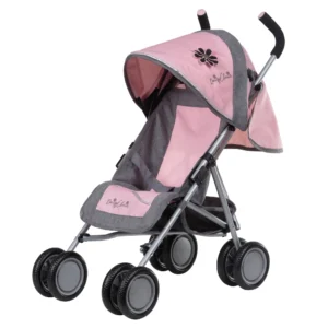 Daisy Chain Little Zipp Dolls Pushchair in Classic Pink fabric shown on an angle with the handles on the right side. Hood is up and is pink at the front with accents of grey fabric with a black and pink flower rosette and an with an embroidered Daisy Chain logo in silver. Wheels are black and Silver with a shopping basket at bottom of pushchair which is black. The frame of the pushchair is silver.