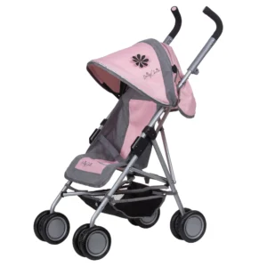 Daisy Chain Zipp Max Dolls Pushchair in Classic Pink fabric shown on an angle with the handles on the right side. Hood is partly up and is mainly pink with accents of grey fabric with a black and pink flower rosette. Seat is in pink and grey fabric. Wheels are black and shopping basket at bottom of pushchair is black.