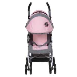 Daisy Chain Zipp Max Dolls Pushchair in Classic Pink fabric shown head on with the handles at the back. Hood is down and is pink at the front with accents of grey fabric with a black and pink flower rosette.