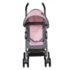 Daisy Chain Zipp Max Dolls Pushchair in Classic Pink fabric shown head on with the handles at the back. Hood is up and is pink at the front with accents of grey fabric with a black and pink flower rosette.