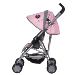 Daisy Chain Zipp Max Dolls Pushchair in Classic Pink fabric shown side on with the handles on the right side. Hood is partly up and is pink at the front with accents of grey fabric with a black and pink flower rosette. Wheels are black and Silver with a shopping basket at bottom of pushchair which is black. The frame of the pushchair is silver.