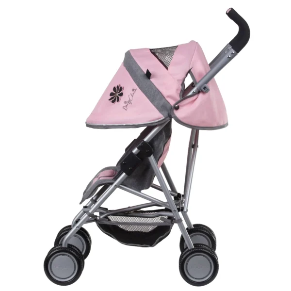 Daisy Chain Zipp Max Dolls Pushchair in Classic Pink fabric shown side on with the handles on the right side. Hood is down and is pink at the front with accents of grey fabric with a black and pink flower rosette. Wheels are black and Silver with a shopping basket at bottom of pushchair which is black. The frame of the pushchair is silver.