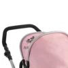 Daisy Chain Pinnacle Double Dolls Pram in Pink fabric for ages 6-13 years old. The pram has a silver frame with black accents. Cot has a black fabric body and pushchair seat has a black body. Both the cot and seat have hoods which are pink with a black and pink daisy that is removable. The cot has a pink apron. Photo shown is a close up of the foam handle.