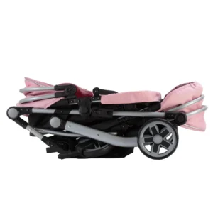 Daisy Chain Pinnacle Double Dolls Pram in Pink fabric for ages 6-13 years old. The pram has a silver frame with black accents. Cot has a black fabric body and pushchair seat has a black body. Both the cot and seat have hoods which are pink with a black and pink daisy that is removable. The cot has a pink apron. Photo shown is a folded pram.