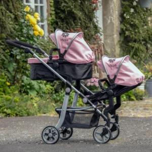 Daisy-Chain-Pinnacle-Dolls-Pram-Classic-Pink. Black cot, pink hood and silver frame with a daisy rosette on the hood