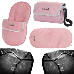 Daisy Chain Pinnacle Double Dolls Pram Accessory Pack in Classic Pink. Pack includes Pink cosy toe with silver trim, two rain covers, pink mattress, pink bag with silver trim and black strap