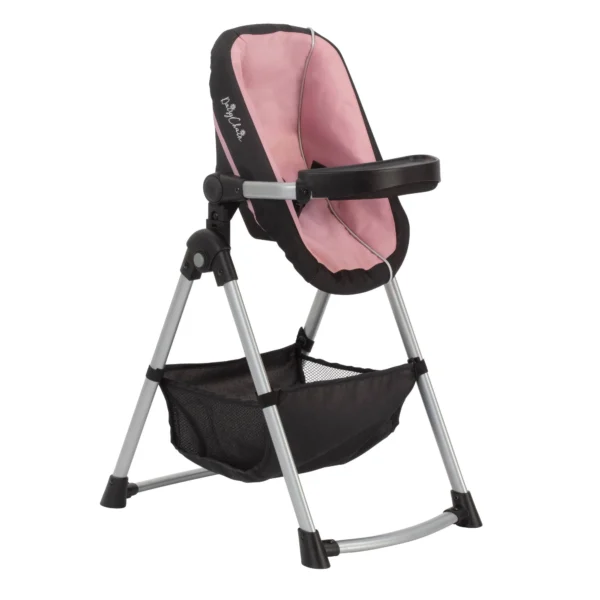 Daisy Chain Unity High Chair/Car Seat in Classic Pink fabric. High Chair seat is in Classic Pink and black fabric with an embroidered Daisy Chain logo in silver. It sits on a silver frame. The highchair has a black feeding tray with a handy basket underneath for storage in black.