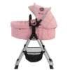 Daisy Chain Unity High Chair/Car Seat in Classic Pink fabric. The Destiny Carry cot is sitting on the A-Frame
