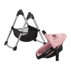 Daisy Chain Unity High Chair/Car Seat in Classic Pink fabric. Car seat is in Classic Pink and black fabric with an embroidered Daisy Chain logo in black on the hood. The car seat is off the frame and sat next to it.