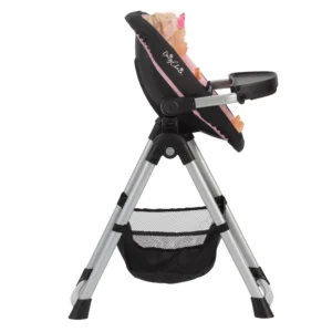 Daisy Chain Unity High Chair/Car Seat in Classic Pink fabric. High Chair seat is in Classic Pink and black fabric with an embroidered Daisy Chain logo in silver. It sits on a silver A-frame. The highchair has a black feeding tray with a handy basket underneath for storage in black. Photo shown is a the highchair on a side view.