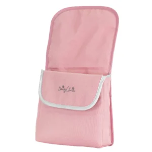 Daisy Chain Zipp Twin Dolls Pushchair Accessory Pack in Classic Pink includes two pink cosy toes with silver trim, a changing bag with black strap and silver trim and a rain cover