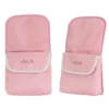 Daisy Chain Zipp Twin Dolls Pushchair Accessory Pack in Classic Pink fabric. Photo shows two pink cosy toes on an angle with silver trim and an embroidered Daisy Chain logo in silver. This set is compatible with The Zipp Twin Max Pushchair.