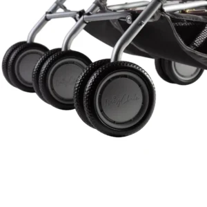 close up of the wheels on the daisy chain zipp twin max dolls pushchair