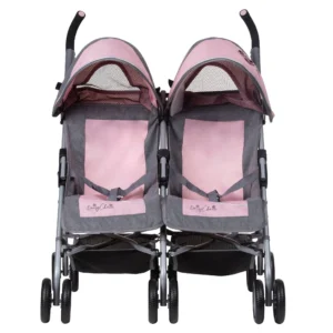 image of a pink double doll pushchair