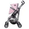 Daisy Chain Zipp Max Dolls Pushchair in Classic Pink fabric. Shown side on. The pushchair has 2 seats side-by-side in the pink fabric with accents of grey and an embroidered Daisy Chain logo in silver. The pushchair has two hoods which a down and are mainly pink with accents of grey with a black and pink flower rosette. The wheels are black. The frame is silver and the two shopping baskets at bottom of the pushchair are black.