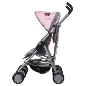 Daisy Chain Zipp Max Dolls Pushchair in Classic Pink fabric. Shown side on. The pushchair has 2 seats side-by-side in the pink fabric with accents of grey and an embroidered Daisy Chain logo in silver. The pushchair has two hoods which are partly up and are mainly pink with accents of grey with a black and pink flower rosette. The wheels are black. The frame is silver and the two shopping baskets at bottom of the pushchair are black.