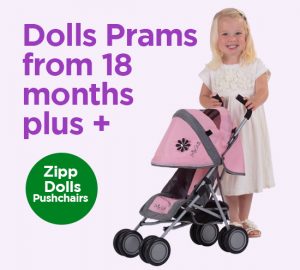 graphic showing dolls prams suitable for 18 months plus