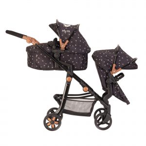 image shows the pinnacle double dolls pram with the lower seat facing away