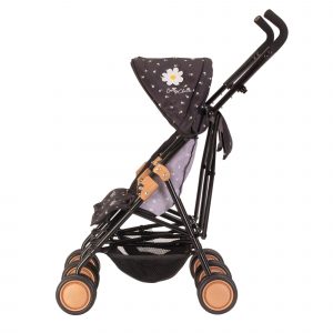 image of the daisy chain zipp twin max dolls pushchair from the side with the hood up