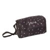 image of a dolls changing bag accessory it is black fabric with a small white daisy print