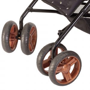 image of the daisy chain zipp max dolls pushchair wheels that are rose gold coloured