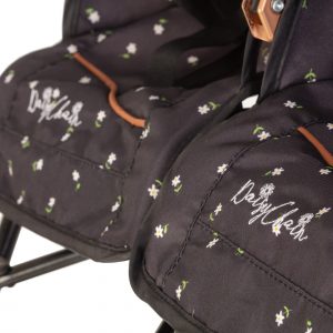 close up image of the daisy chain zipp twin max dolls pushchair showing the double seats and the fabric