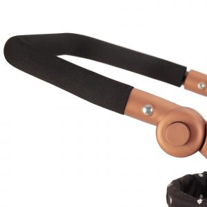 image of a dolls pram handle in black and rose gold