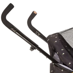 Daisy Chain Zipp Zenith Dolls Pushchair in Limited Edition Twilight fabric. Close up of handles which are black EVA foam with colour coordinating rose gold handle ends. Handle adjusts from 76 – 82cm.