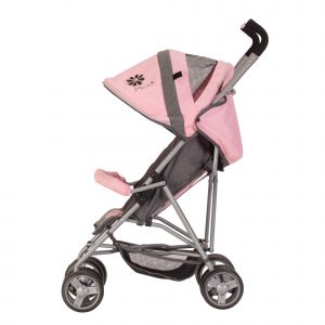 image shows the side view of the daisy chain zipp zenith dolls pushchair in classic pink