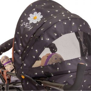 image shows the hood with viewing panel on the daisy chain zipp zenith dolls pushchair in limited edition twighlight pattern