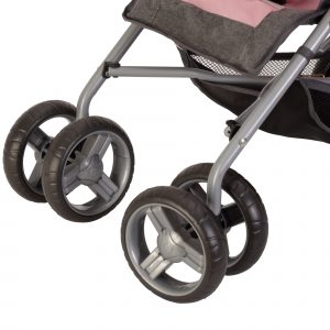 image shows the swivel wheels of the daisy chain zipp zenith dolls pushchair in classic pink