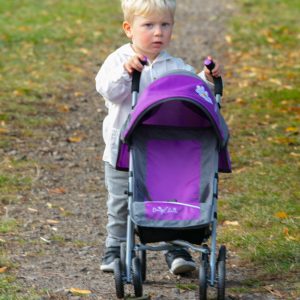 an image of a boy pushing the daisy chain little zipp dolls pushchair in lavender