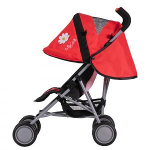 image of a red dolls pushchair shown from the side