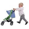 image of a blonde boy pushing a blue and green dolls pushchair