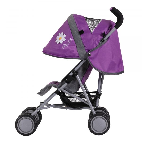 a side view of the daisy chain little zipp dolls pushchair in lavender