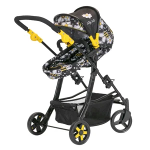 Daisy Chain Connect Dolls Pram shown at a three quarter angle in pushchair mode with handle on the left. Bumblebee fabric, black frame and yellow accents on the frame and wheels.