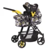 Daisy Chain Connect Dolls Pram shown side on with handle on the left. Bumblebee fabric, black frame and yellow accents on the frame and wheels.